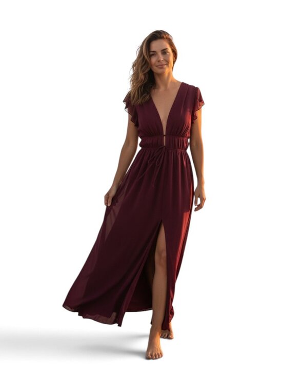 Lulus Dresses & Skirts - Lulus I'm All Yours Size L Large Burgundy Ruffled V-Neck Party Maxi Dress NWT